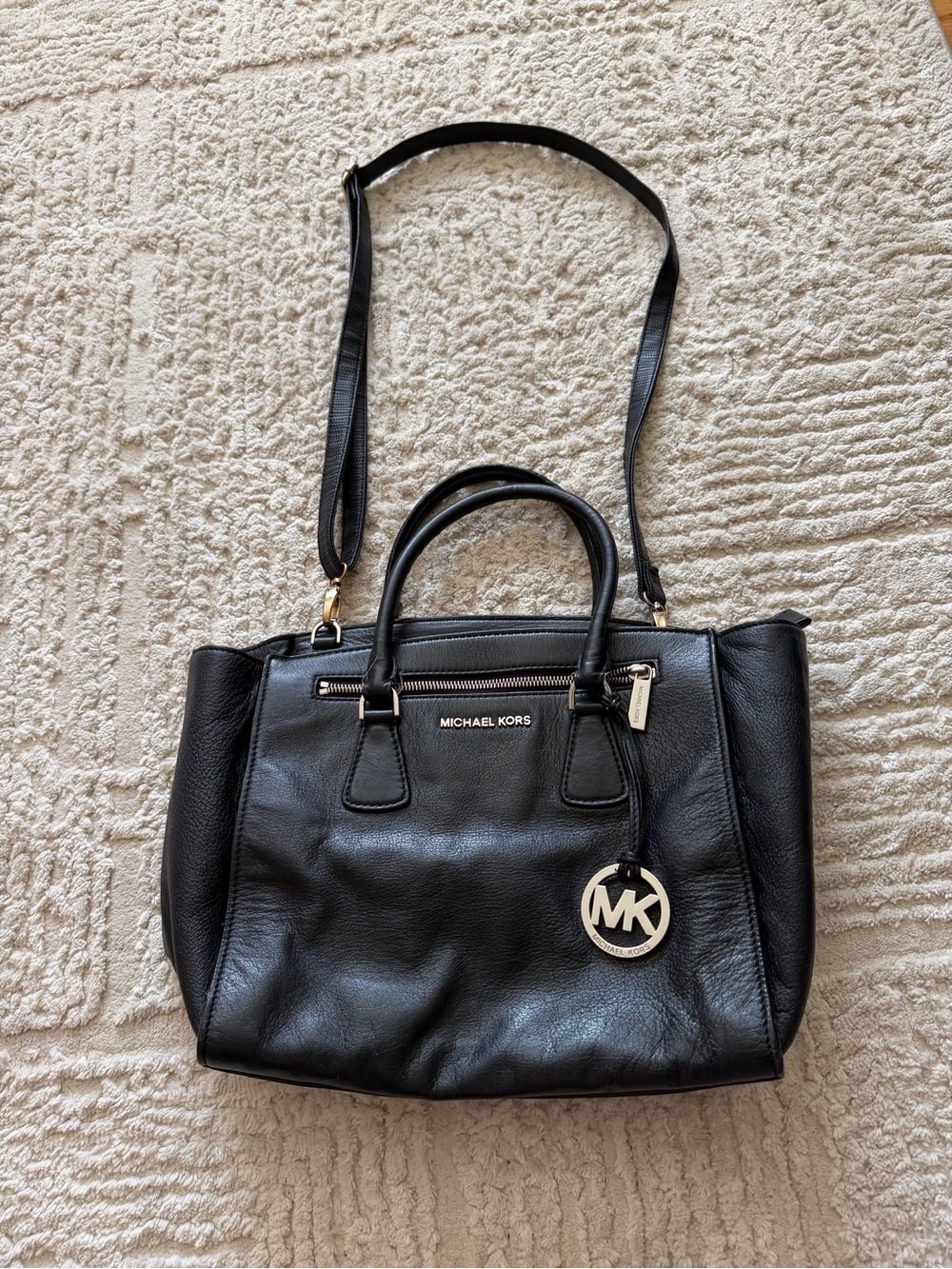 Michael Kors Black Leather Satchel with MK Charm and Crossbody Strap